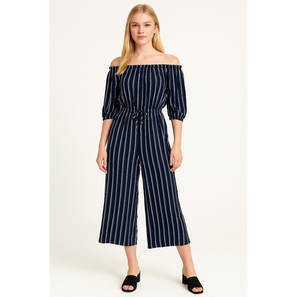 HOLLISTER Navy Striped Jumpsuit Wide Straight Leg MEDIUM 3/4 Sleeve Boho Hippie